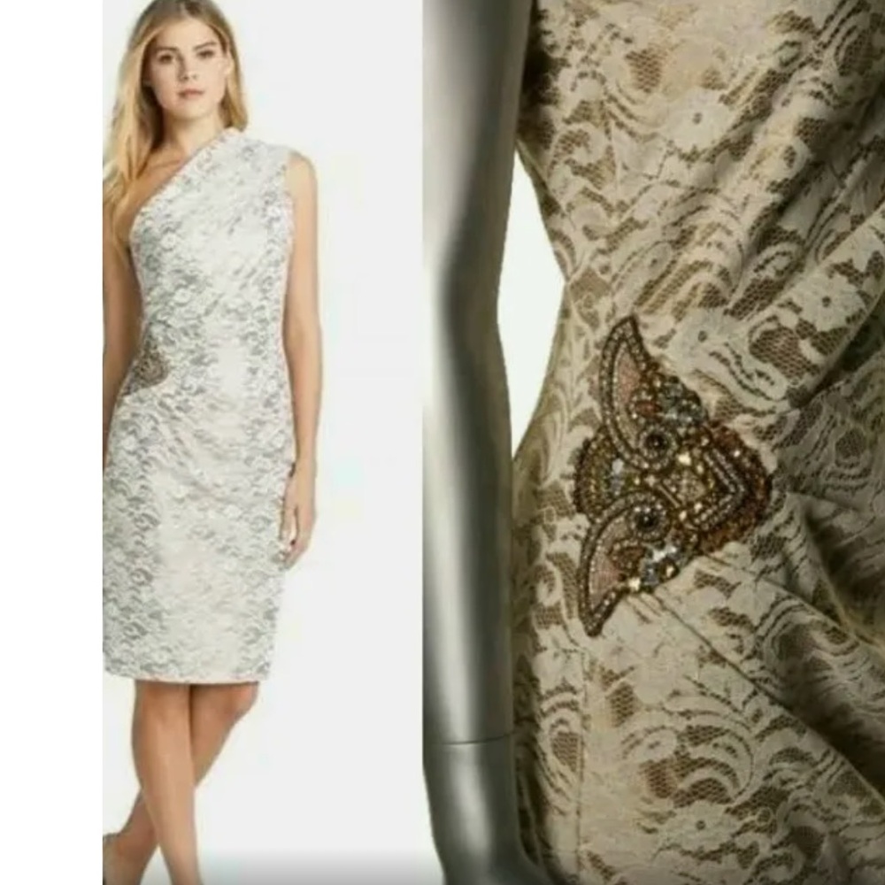 Eliza J Ivory Lace w Gold Overlay One Shoulder Jewel Detail Cocktail Dress 8 EUC